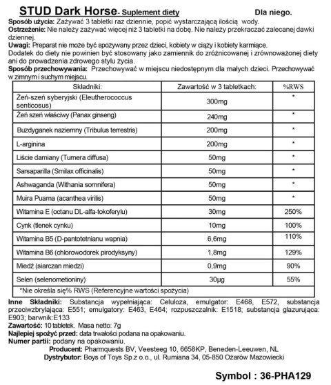 Stud Dark Horse - Erection Pill - 10 Pieces Pharmquests