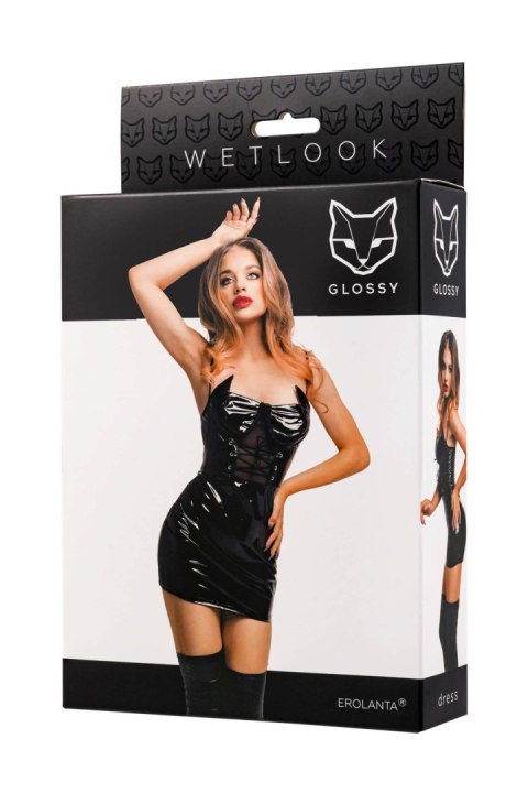 Glossy Mirabell, dress, wetlook, black, M Glossy