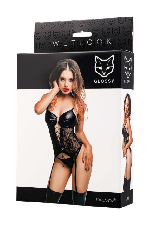 Glossy Miriam, set (top+panties), wetlook, black, L Glossy