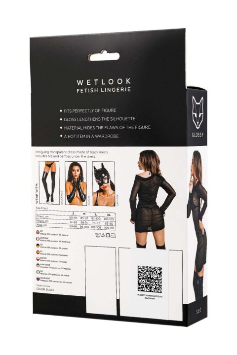 Glossy Sheril, set (dress, bra +panties), wetlook, black, L Glossy