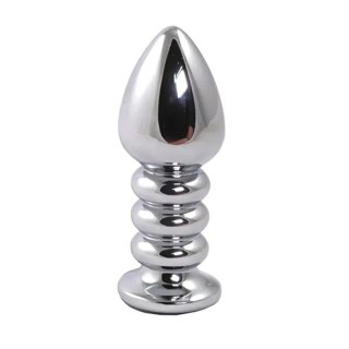 Silver large ribbed butt plug with black crystal Fantasy