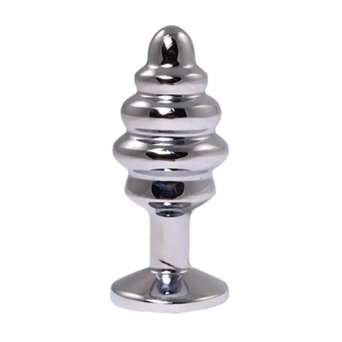 Silver small ribbed butt plug with pink crystal Fantasy
