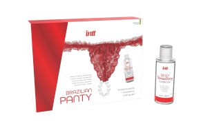 Czerwone koronkowe figi z perłowym pierścieniem i truskawkowy żel Intt 50ml Intt