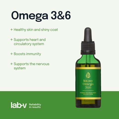 Lab-v Kwasy Tłuszczowe Omega 3 i 6 stosowane na ogólną poprawę stanu zdrowia oraz sierści i skóry dla psów i kotów 100ml LAB-V