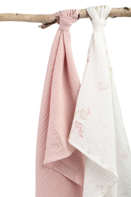 PIELUCHA MUŚLIN KRESZOWANY 60X75 2-PACK FLOWERS PINK