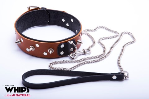 Wiązania-WHIPS obroża męska ze smyczą, koniakowa Whips Collection