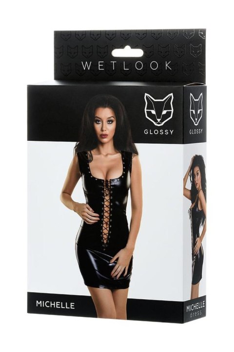 Glossy Shiny Wetlook dress with a lace MICHELLE - black S Glossy