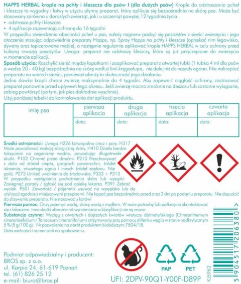 Bros Happs Herbal Krople Na Pchły I Kleszcze Dla Dużych Psów 4 Tubki Bros Sp z o.o.