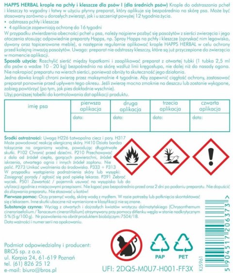 Bros Happs Herbal Krople Na Pchły I Kleszcze Dla Średnich Psów 4 Tubki Bros Sp z o.o.