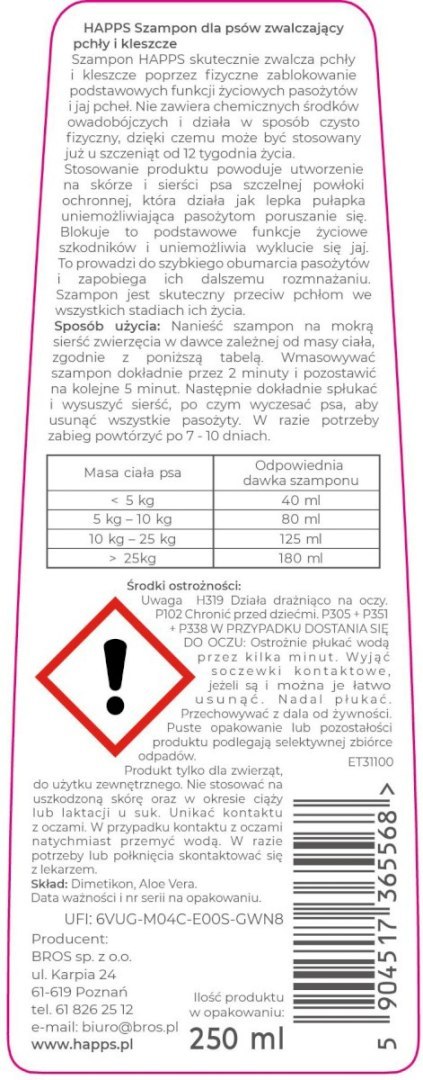 HAPPS Szampon dla Psów Zwalczający Pchły i Kleszcze 250 ml Bros Sp z o.o.