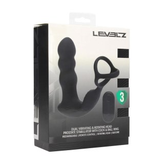 Dual Vibrating Remote Rotating Head Silicone Prostate Stimulator with Cock and Ball Ring - Black Levelz