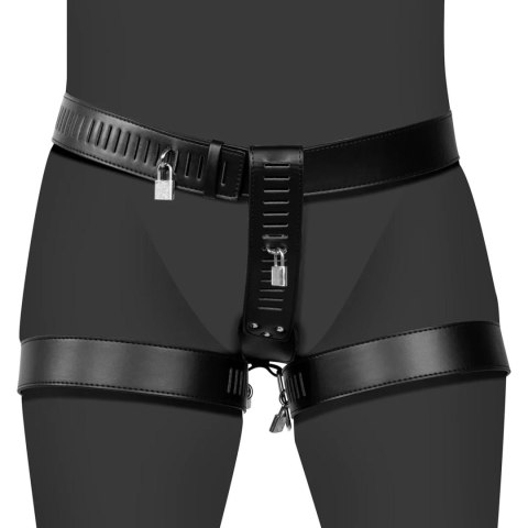 PU Leather Female Chastity Belt with Leg Restraint - Black Ouch!