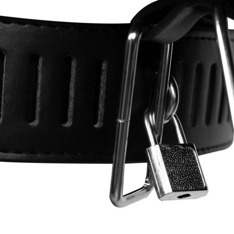 PU Leather Female Chastity Belt with Leg Restraint - Black Ouch!